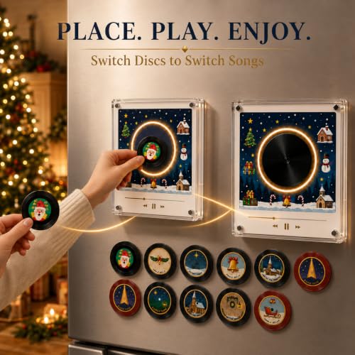 Black Christmas Mini Vinyl Record Player with NFC Discs & LED Glow - Magnetic Fridge Music Box