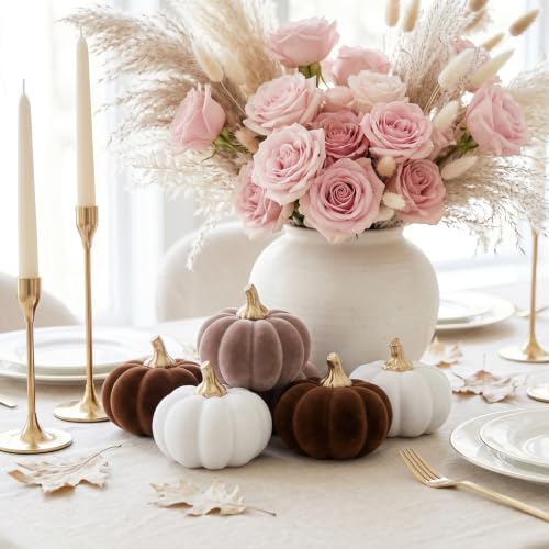 6Pcs Fall Pumpkin Decor Set - Small Velvet Flocked Resin Figurines, White & Brown