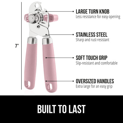 The Original Gorilla Grip Heavy Duty Stainless Steel Smooth Edge Manual Hand Held Can Opener With Soft Touch Handle, Rust Proof Oversized Handheld Easy Turn Knob, Large Lid Openers, Pink