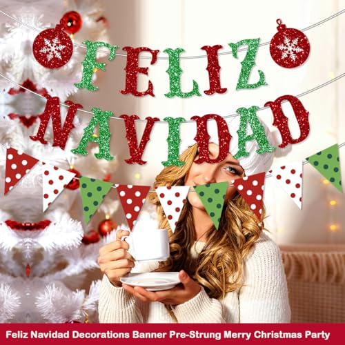 Pre-Strung Feliz Navidad Christmas Banner and Flag Garland Set
