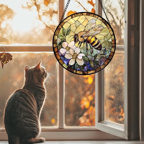 7.8 Inch Stained Glass Window Hanging Bee Suncatcher with Artistic Design - Yellow