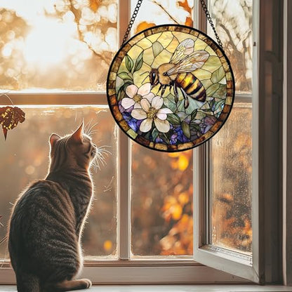 7.8 Inch Stained Glass Window Hanging Bee Suncatcher with Artistic Design - Yellow