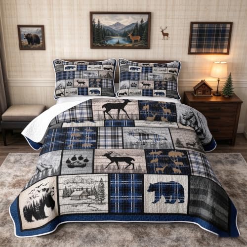 Feelyou Rustic Cabin Quilt Set for All Season Queen Size Blue Gray Bear Deer Wildlife Bedding
