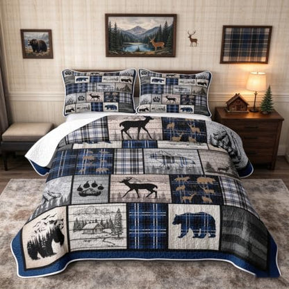 Feelyou Rustic Cabin Quilt Set for All Season Queen Size Blue Gray Bear Deer Wildlife Bedding