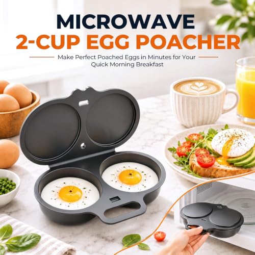 Microwave Egg Poacher Set for 2 Eggs with Lid & Handle - Quick Oil-Free Cooking