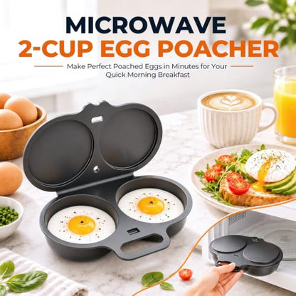 Microwave Egg Poacher Set for 2 Eggs with Lid & Handle - Quick Oil-Free Cooking