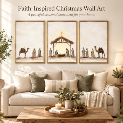 3-Piece Nativity Wall Art Set - Framed Religious Decor, 24 x 36 in Wheat Cocoa