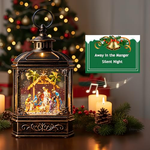 10.1-Inch Nativity Snow Globe Lantern with Music & Swirling Glitter - Christmas Decoration Gift