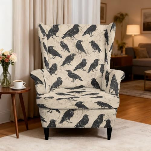 Raven Crow Wingback Chair Cover 2-Piece Stretchable Slipcover for Armchair - Fipuivrn