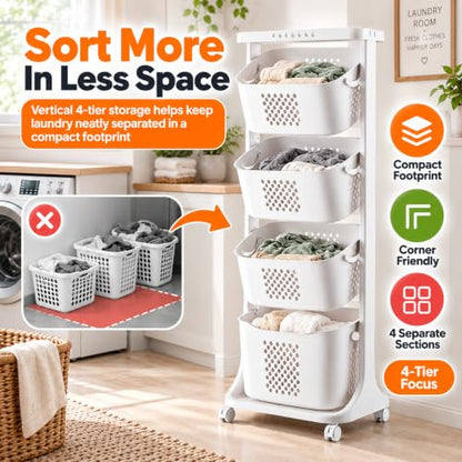 4 Tier Vertical Laundry Basket Organizer with Wheels - Space Saving Hamper