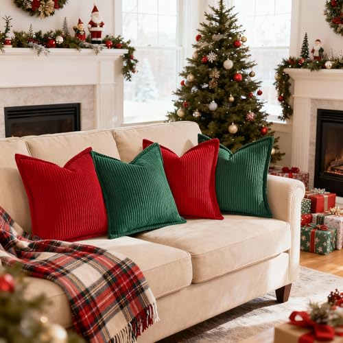 Christmas Green Corduroy Throw Pillow Covers 26x26 Set of 2 - Soft & Luxurious