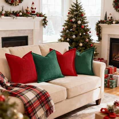Christmas Green Corduroy Throw Pillow Covers 26x26 Set of 2 - Soft & Luxurious
