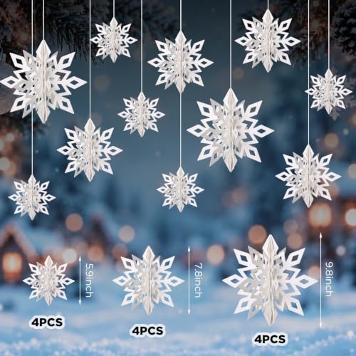 12Pcs 3D White Snowflake Decorations for Christmas & Winter Party