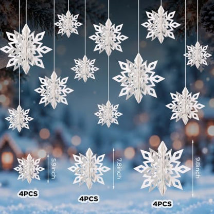 12Pcs 3D White Snowflake Decorations for Christmas & Winter Party