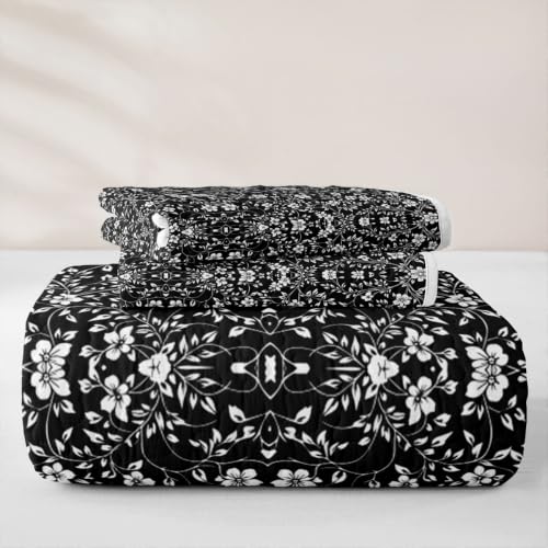 Black Floral Quilt Set 3 Pieces Queen Size All Season Bedding with Pillowcases