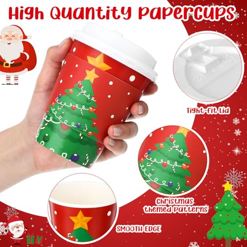 120 Pack Christmas Coffee Cups with Lids & Sleeves - 12 oz Holiday Party Disposable Cups