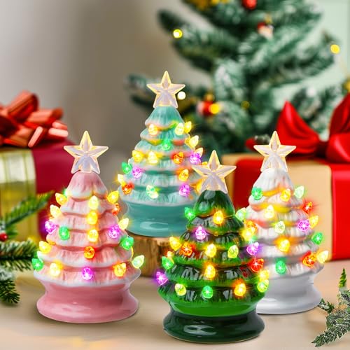 Mini Ceramic Christmas Tree Set - 4 Pack Pre-Lit Tabletop Holiday Decor - White, Green, Pink, Light Green