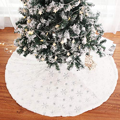 Christmas Tree Skirt 30 Inch Silver Snowflake Embroidery Faux Fur Decor