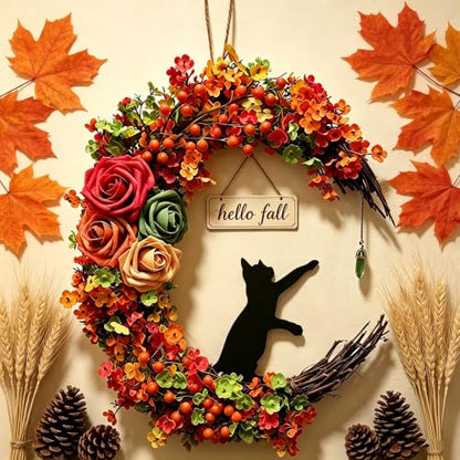 Black Cat Moon Halloween Wreath - Gothic Fall Front Door Decor D