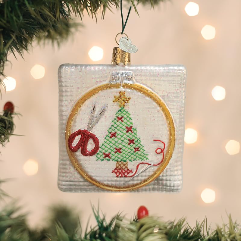 Christmas Cross Stitch Ornament - Handcrafted Glass Clip Hoops - Variation: Christmas Cross Stitch