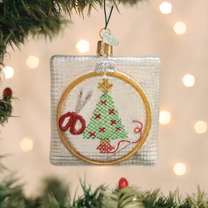 Christmas Cross Stitch Ornament - Handcrafted Glass Clip Hoops - Variation: Christmas Cross Stitch