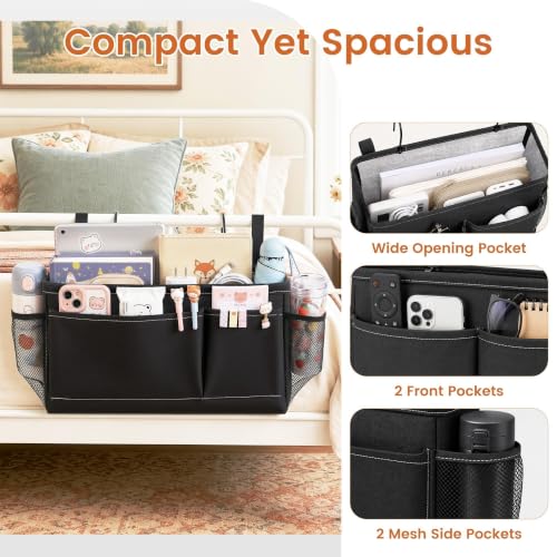 Black Bedside Caddy for Dorm Bed - Hanging Organizer with Reinforced Support