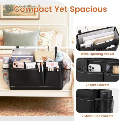 Black Bedside Caddy for Dorm Bed - Hanging Organizer with Reinforced Support