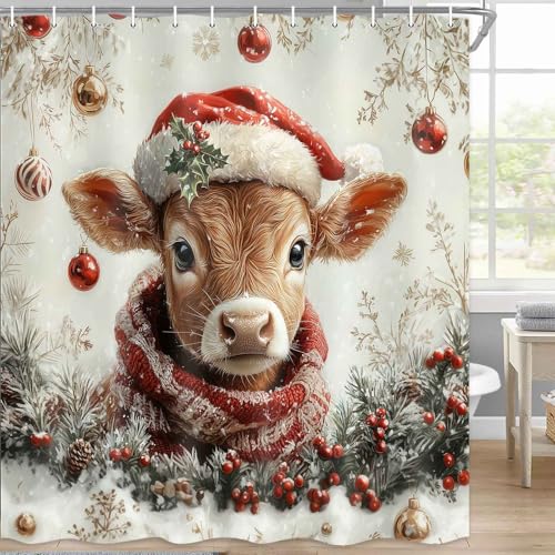 Beige Christmas Shower Curtain with Highland Cow Winter Holiday Decor 72x72 Inch
