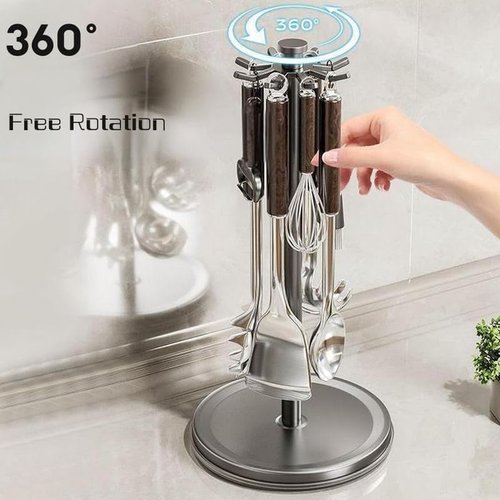 Kitchen Utensil Hanger Stainless Steel Utensil holder Rotatable Cooking Utensils Holder with 8 Hooks, Hanging Spoon Spatula Holder, Black