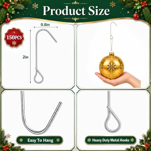 Silver Heavy Duty Christmas Ornament Hooks - 150 Pcs J-Shaped Hangers for Tree Decorations
