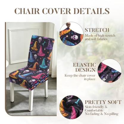 Halloween Witch Hat Chair Covers Set of 4 - Colorful Spooky Chair Slipcovers