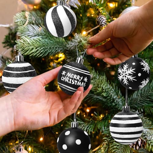 Black and White Christmas Ornaments Set - 12 Shatterproof Holiday Ball Decorations