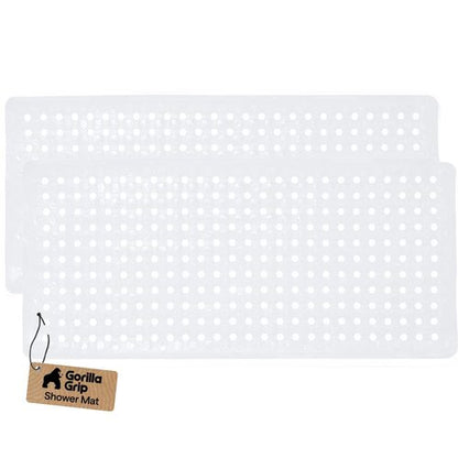 GORILLA GRIP Patented Bath Tub Shower Mat, 2 Pack, Machine Washable Bathtub Floor Liner Mats, Suction Cups and Drain Holes to Keep Tubs Clean, Soft on Feet, Bathroom Essentials, 35x16 Inch, White
