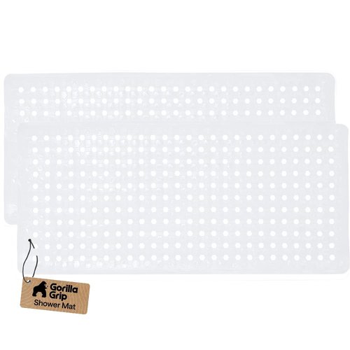 GORILLA GRIP Patented Bath Tub Shower Mat, 2 Pack, Machine Washable Bathtub Floor Liner Mats, Suction Cups and Drain Holes to Keep Tubs Clean, Soft on Feet, Bathroom Essentials, 35x16 Inch, White
