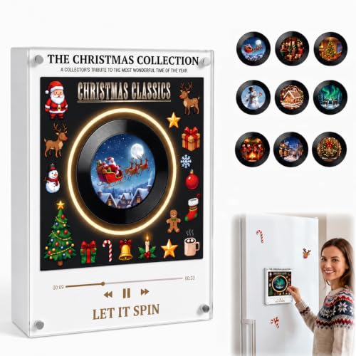 Magnetic Refrigerator Music Player with 9 Vinyl Discs, Custom MP3 Upload, LED Light, Christmas Decor