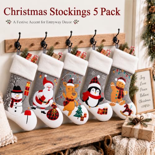 Gray Christmas Stockings Set of 5 - 20 Inch Burlap with Faux Fur Cuff