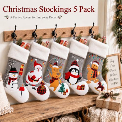 Gray Christmas Stockings Set of 5 - 20 Inch Burlap with Faux Fur Cuff