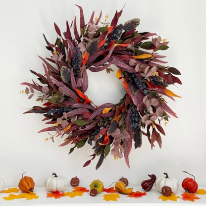 Fall Wreath for Front Door - Eucalyptus & Blueberry Decor, 26 Inches