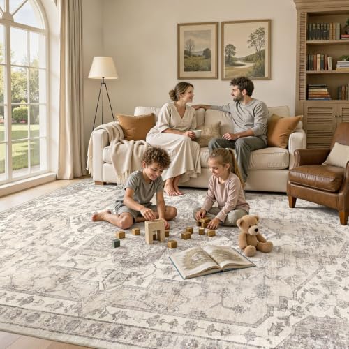 9x12 Beige Vintage Washable Area Rug for Living Room Non Slip Carpet