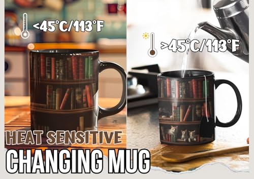 Heat Sensitive Cat Mug - Funny Book Lover Gift for Bookworms, 12oz