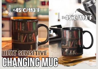 Heat Sensitive Cat Mug - Funny Book Lover Gift for Bookworms, 12oz
