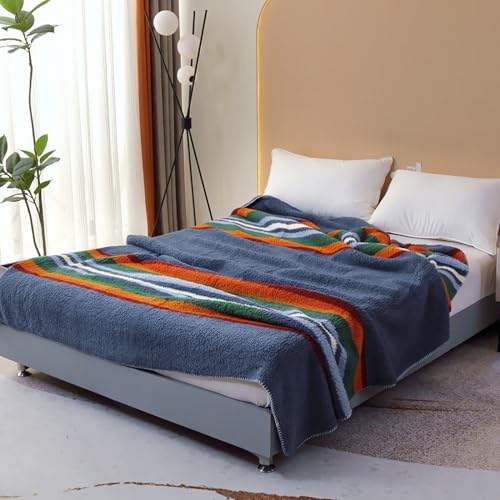 Navy Blue Boho Sherpa Fleece Blanket 80x90 Inch - Ultra Soft Aztec Throw for Bed Couch Camping