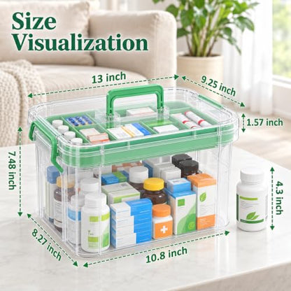 15QT Clear Plastic Medicine Organizer with Handle & Tray for First Aid, Medications, and Storage