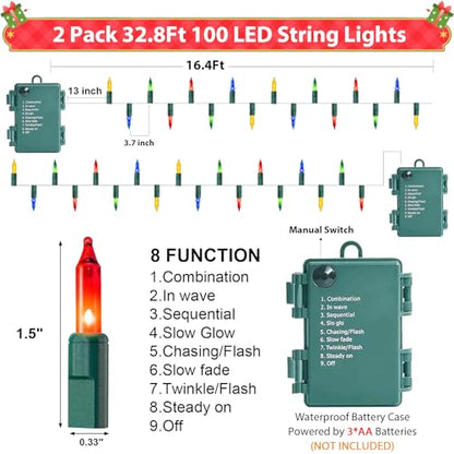 Multicolor 2 Pack 35FT Battery Operated LED Christmas String Lights with 8 Modes Waterproof