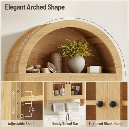 Arched Bathroom Wall Cabinet with Glass Doors and Towel Bar - Natural Wood Finish