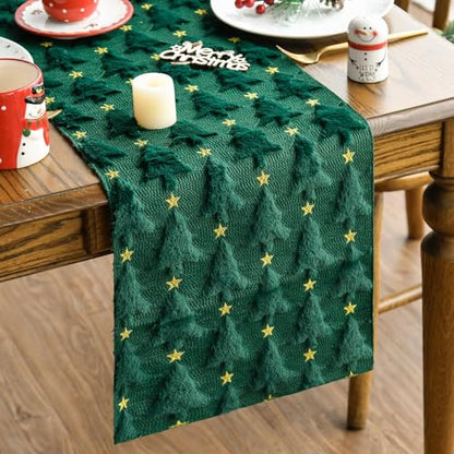 Christmas Table Runner 13x60 Inch Green Plush Faux Fur Jacquard Holiday Decor - Green & Gold Variation