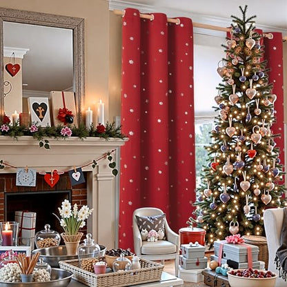 Christmas Snowflake Curtains for Living Room - 42x72 Inches, Red & White, Pack of 2 - Holiday Window Treatments