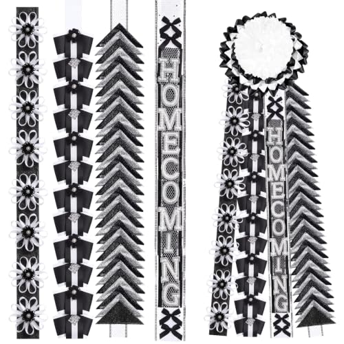 4 PCS Homecoming Mum Braid Set - 30 Inch Black White Ribbon Braids with Variation