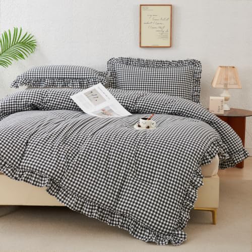 Gingham Checkered Twin Comforter Set with Ruffle Edges - Black & White