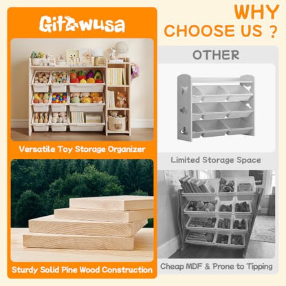 Kids Bookshelf & Toy Organizer - 3-Tier Wooden Storage with Bins, Natural Pine